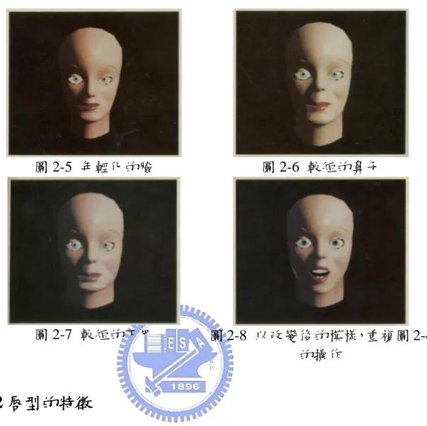 圖 2-5  年輕化的臉  圖 2-6  較短的鼻子  圖 2-7  較短的下巴  圖 2-8  以改變後的模樣，重複圖 2-4 的操作  2.2 唇型的特徵  在大量的電腦動畫裡，說話是動畫人物除了肢體動作、表情變化 外，經常表現的動作。比較嚴謹的，會考量真實與虛擬間的一致性； 如何表現兩者的一致性，只有靠有系統地同化--收集大量說話時相關的 表情變化，做為電腦動畫中，說話人物表現的依據。  在說話時嘴型的探討上，可以從較明顯的三個特性來訂定參數：(1) 嘴巴的開合，(2)嘴唇的寬度及(3)嘴唇的突出等。