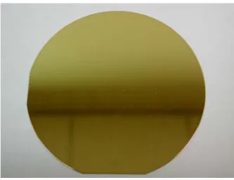 圖 3.8  濺鍍金後的光阻母模  (三)  電鑄（Electroforming）鎳金屬模仁製程  電鑄係將母模放在陰極上，利用電鍍的原理[利用電解反應使溶 液中的金屬離子在負極獲得電子而析出。如此既可把一種金屬鍍到另 一種金屬物體表面上，形成一層金屬薄膜的現象]，將金屬或合金的 原子，沈積在母模上，累積到需要的厚度（2~3mm），取出後使其與 母模分離，成為電鑄金屬模仁。其電沈積（Electro-Deposition）的過 程為原子的堆積，可完整複製母模上所有圖型[12]。  成品之經密度完全取決於母模之