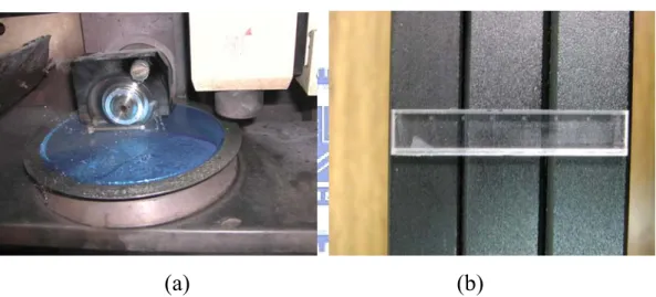 圖 3.20  (a)晶粒切割機（Dicing Saw）(b)切割後的波導玻璃基板  (四)  端面研磨（End Surface Polish） 