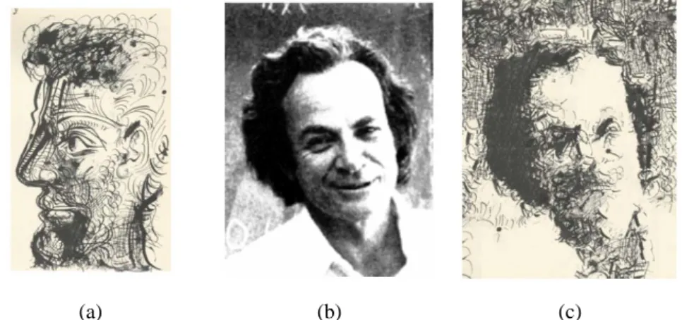Figure 2.8 The result of work of Bin Wang et al.. (a) photo image (b) example painting (c) result  synthesized image [WWY+04] 