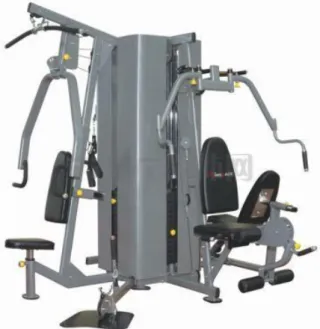 圖  2.11  綜合訓練器。(http://www.tifit.cn)  2.  局部性健身器材：如划船器、樓梯機、蹲舉架、握力器…等等。  此類別的器材，如圖  2.12，屬於單項訓練器械。相較於多元的全身性器材，此 類器材的結構較於簡單，體積也較小，有部分器材更有摺疊收納的設計。此類的 健身功能相對單一，著重於局部身體肌群的鍛鍊。而大多以配重砝碼或液壓拉缸 為重載的使用設計，可以提供使用者，依據健身的熟練度與個人身體的承受度， 自行調整運動量。因此局部性健身器材是很受歡迎的健身器材類型。  圖  2.