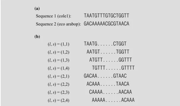 Figure 6  Site extraction for fixed-pattern TFBS finding (The first two sequences in  Appendix): (a) original sequence data; (b) schematic representation of the candidate sites