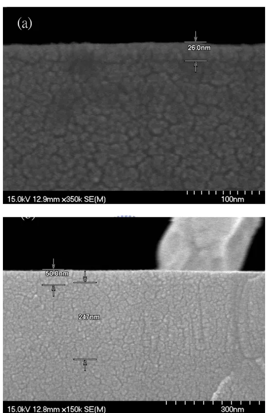 Figure 3-9. SEM images of the TiO 2-x N x  thin film deposited by 60min sputtering time and  N 2 /O 2 =7/2 flow rate with (a) 20W (b) 40W power supply