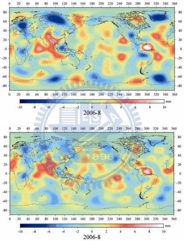 Fig. 4-8: Geoid variations to spherical harmonic degree 15 from COSMIC-only (top) and  COSMIC-GRACE solutions 
