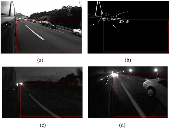 Fig. 3-5 : (a) Day light. (b) ROI extraction of (a). (c) ROI extraction at night. (d) ROI  extraction with different view-angle in the nighttime