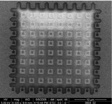 Figure 4-5    The  SEM image of a SRR array after lift-off. Beam current=100 pA,  field size=600 μm, PR coating recipe (1)