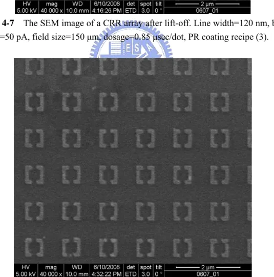 Figure 4-8  The SEM image of a 2-cut SRR array after lift-off. Line width=120 nm,  beam current=50 pA, field size=150 μm, dosage=0.85 μsec/dot, PR coating recipe (3)