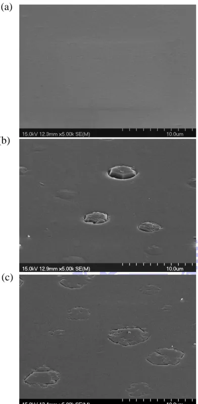 Fig. 3.5 SEM images of GaN surfaces grown on AlN buffer prepared at (a) 525 