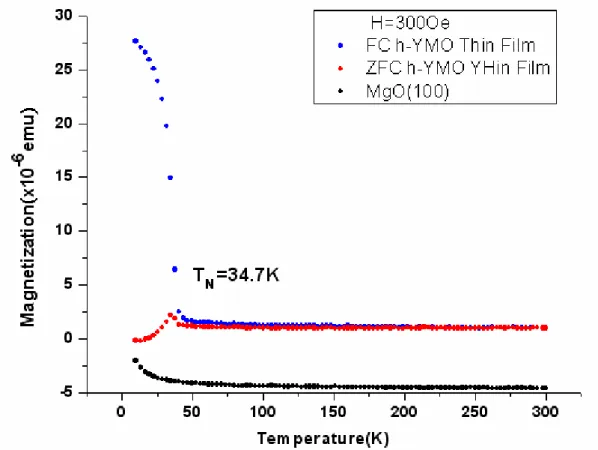 圖 2-3-2-3   h-YMO/MgO(100)ZFC(Zero Field Cooling)和 FC(Field   Cooling)的磁化率與溫度的關係圖。
