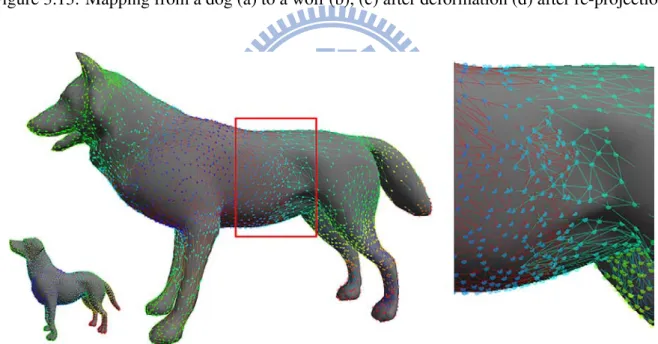 Figure 3.14: Mapping vertices and edges of the dog model before part boundary smoothing (different edge color represents different parts).
