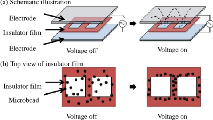 Fig. 1. Principle behind the assay methodology, combining the insulator film  and  the  n-DEP-based  manipulation  techniques