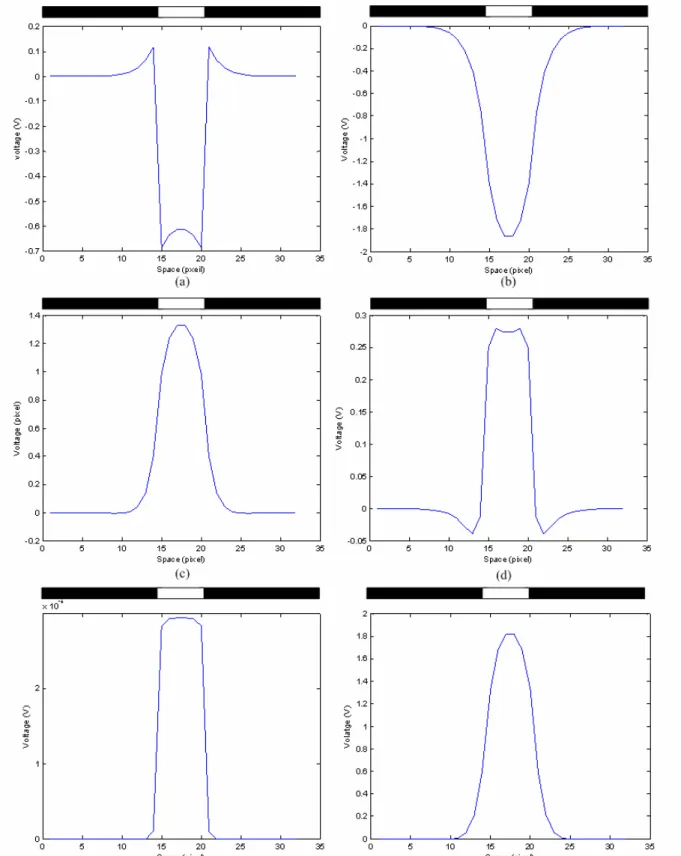 Fig. 2. 5. The HSPICE model-simulated space domain waveforms of the neuromorphic model of the  ON  sluggish  sustain  cell  set  in  a  32x32  array  for  (a)  photoreceptor,  (b)  horizontal  cell,  (c)  ON  bipolar  cell,  (d)  OFF  bipolar  cell,  (e)  