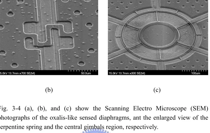 Fig. 3-4 (a), (b), and (c) show the Scanning Electro Microscope (SEM)  photographs of the oxalis-like sensed diaphragms, ant the enlarged view of the  serpentine spring and the central gimbals region, respectively