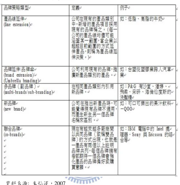表 2-4  品牌策略類型 