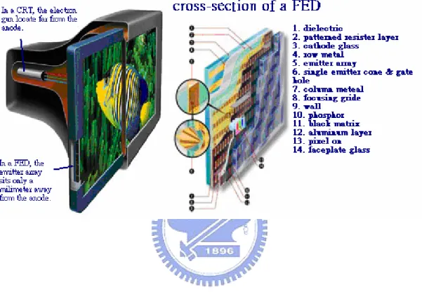 Figure 1.2    A schematic illustration for the structures of (a) a cathode-ray tube and (b)  a field-emission display