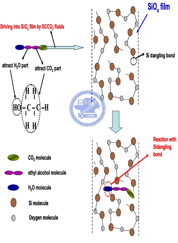 Fig.  2-4    The  transporting  mechanism  for  SCCO 2   fluids  taking  H 2 O  molecule into SiO x  film