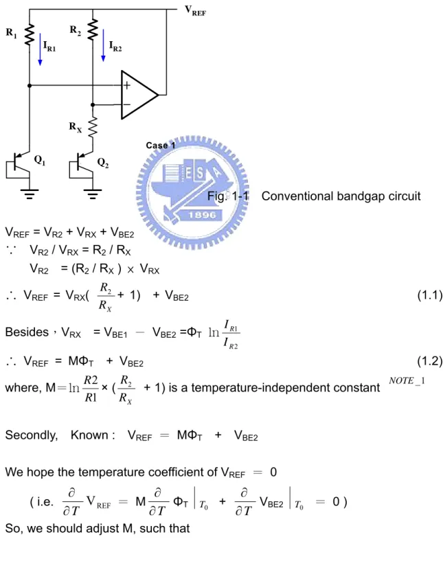 Fig. 1-1    Conventional bandgap circuit  V REF  = V R2  + V RX  + V BE2     ∵    V R2  / V RX  = R 2  / R X V R2     = (R 2  / R X  )  ×  V RX ∴  V REF  = V RX (  R XR2 + 1)  + V BE2                                                                         