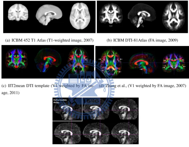 Figure 1.3: (a),(b) and (c) were developed in the ICBM-152 space. (d) and (e) were cus- cus-tomized DTI brain templates.