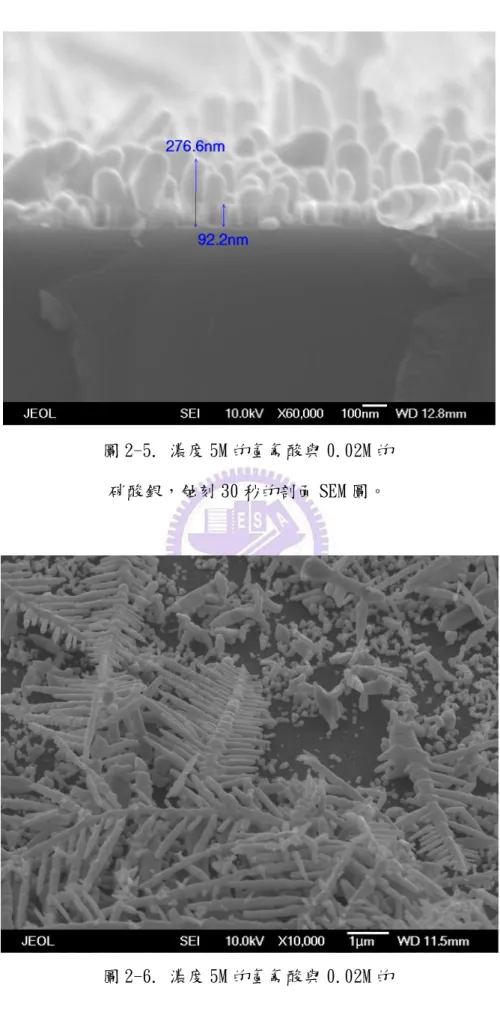 圖 2-5. 濃度 5M 的氫氟酸與 0.02M 的  硝酸銀，蝕刻 30 秒的剖面 SEM 圖。 
