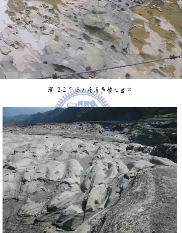 圖  2-3 大安溪厚層砂岩受水流侵蝕所生成之流槽(flute) (經濟部水利署 水利規劃試驗所，2008) 