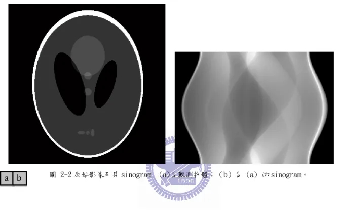 圖 2-2 原始影像及其 sinogram  (a)為觀測物體；（b）為 (a) 的 sinogram。 