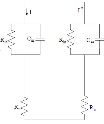圖 2.7 感測電極接於身體兩側的等效電路  針對二塊平行的極板電容器，如圖2.8，其電容為：      C A d=ε                            (2.1)     其中，A是每塊極板的表面積，d 是二塊極板之間的距離, 而 ε 介於兩塊極板之間 的介電常數。由方程式2.1，我們可以得知三個決定因素來決定電容值的大小：  1