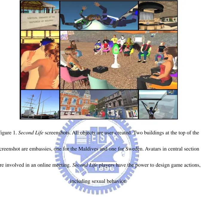 Figure 1. Second Life screenshots. All objects are user-created. Two buildings at the top of the  screenshot are embassies, one for the Maldives and one for Sweden