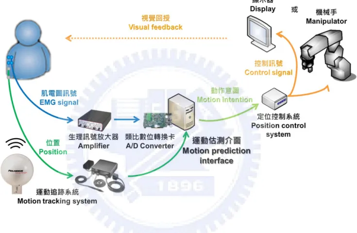 圖 2.1  基於肌電圖之動作預測系統應用架構示意圖。 