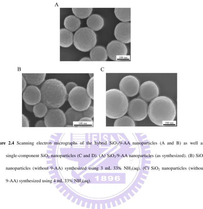 Figure  2.4  Scanning  electron  micrographs  of  the  hybrid  SiO 2 /9-AA  nanoparticles  (A  and  B)  as  well  as  single-component SiO 2  nanoparticles (C and D)