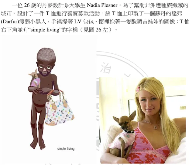 圖 26：左為 Nadia Plesner 所設計的 T 恤圖樣；右為美國知名社交名媛 Paris Hilton 67 。可發現 Nadia     