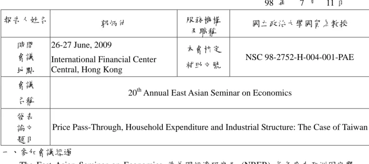 表 Y04  行政院國家科學委員會補助國內專家學者出席國際學術會議報告                                                                                                                          98  年      7  月    11 日 報告人姓名 郭炳伸 服務機構 及職稱  國立政治大學國貿系教授 時間 會議 地點 26-27 June, 2009 