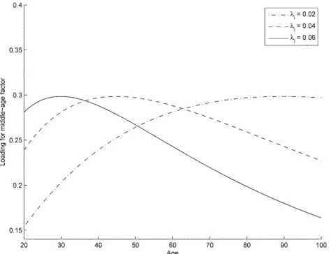 Figure 3  Changes in middle-age factor loading with decay parameter  λ i , i  = 1,2 Note:    This figure illustrates the variations in the middle-age factor loading values at different 