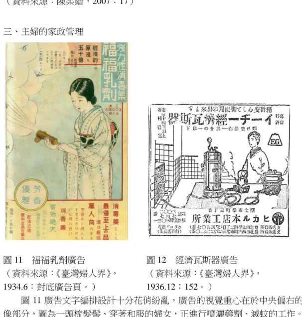 圖 10 1930 年代臺灣中西混合式新娘禮服  （資料來源：陳柔縉，2007：17）  三、主婦的家政管理  圖 11    福福乳劑廣告    圖 12    經濟瓦斯器廣告  （資料來源： 《臺灣婦人界》 ，    （資料來源： 《臺灣婦人界》 ，  1934.6：封底廣告頁。）  1936.12：152。）  圖 11 廣告文字編排設計十分花俏紛亂，廣告的視覺重心在於中央偏右的圖 像部分，圖為一頭梳髮髻、穿著和服的婦女，正進行噴灑藥劑、滅蚊的工作。文 案部分按照字體大小，最先注意的是右上角產品名稱「