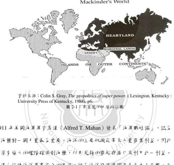 圖 2-1：麥金德的地緣政治圖  1911 年美國海軍軍官馬漢（Alfred T. Mahan）發表「海軍戰略論」，認為 制海權對一國力量最為重要。海洋的主要航線能帶來大量商業利益，因此 必須有強大的艦隊確保制海權，以及足夠的商船與港口來利用此一利益。 馬漢也強調海洋軍事安全的價值，認為海洋可保護國家免在本土交戰，而 制海權對戰爭的影響比陸軍更大。馬漢對全球地緣結構的看法是，以巴拿 馬和蘇伊士運河為界的北部陸半球，因其活躍的貿易和政治活動，應為世 界力量的中心，其中，亞洲，特別是北緯 30~40 度之間從中
