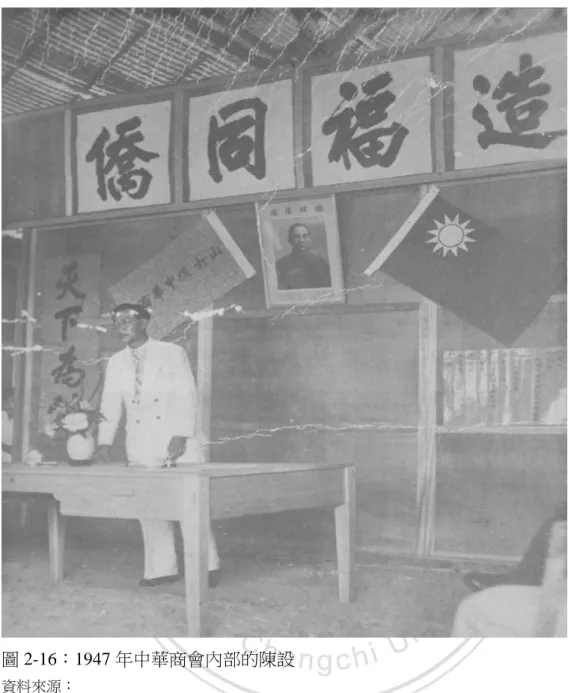 圖 2-16：1947 年中華商會內部的陳設  資料來源：  山打根中華商會百週年紀念特刊小組，1991，《山打根中華商會一百  週年紀念》。山打 根：山打根中華商會。頁 63。  1949 年中華民國政府退守台灣，中國共產黨佔領大陸建立中華人民共和國。 翌年 1 月英國承認中共政權，並與中華民國斷交，駐英屬領事館面臨閉館的下 場。1950 年 1 月 7 日亞庇領事館奉命閉館和下旗。 95 英國表明承認中共政權，但 不表示認同共產主義。英國殖民政府嚴禁中國國民黨的政治活動，因此北婆羅洲          