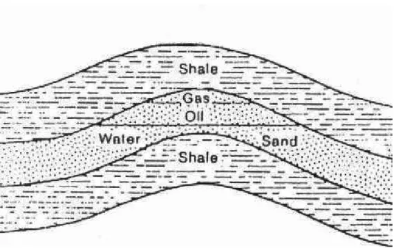 圖 2.7  典型油氣儲集層地理模型[15]  圖 2.8  震測剖面圖上的典型油氣儲集層[15]  2.  平點(Flat Spot)  為震測剖面圖上一個水平的正震幅，乃由於含油砂層中與含氣砂層兩者間氣液 介面會出現隨水平面延伸的平整現象，圖 2.9 箭頭所指向之微小正震幅近乎  水平的地方即是平點。 