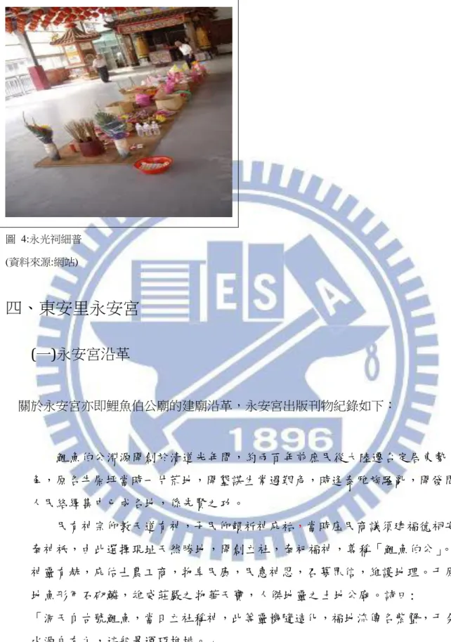 圖  4:永光祠細普  (資料來源:網站)  四、東安里永安宮  (一)永安宮沿革      關於永安宮亦即鯉魚伯公廟的建廟沿革，永安宮出版刊物紀錄如下：  鯉魚伯公淵源開創於清道光年間，約兩百年前庶民從大陸遷台定居東勢 角，原名牛屎坪當時一片荒地，開墾謀生常遇艱危，時逢泰雅族騷亂，開發間 人民絡繹集中已成名地，係先賢之功。  民有神宗仰教天道有神，子民仰賴祈神庇祐，當時庒民商議須建福德祠安 奉神祇，由此選擇現址天然勝地，開創立社，奉祀福神，尊稱「鯉魚伯公」 。 神靈有赫，庇佑士農工商，物阜民康，民惠神恩，