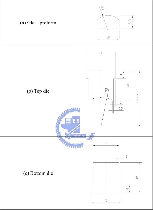 Figure 3.2 Geometrical model in detailed size of both dies and glass.  (Unit : mm) 
