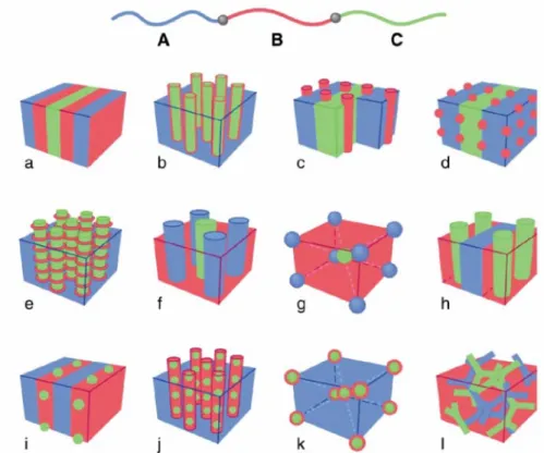 Figure 1-2 Schematic of morphologies for linear ABC triblock copolymer.    A combination  of block sequence (ABC, ACB, BAC), composition and block molecular weights provides an  enormous parameter space for the creation of new morphologies