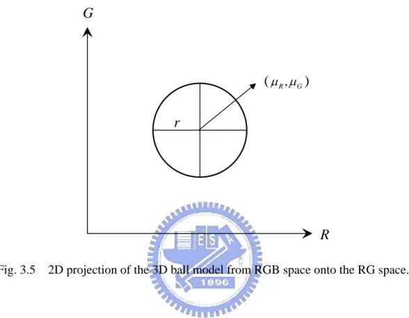 Fig. 3.5    2D projection of the 3D ball model from RGB space onto the RG space. 