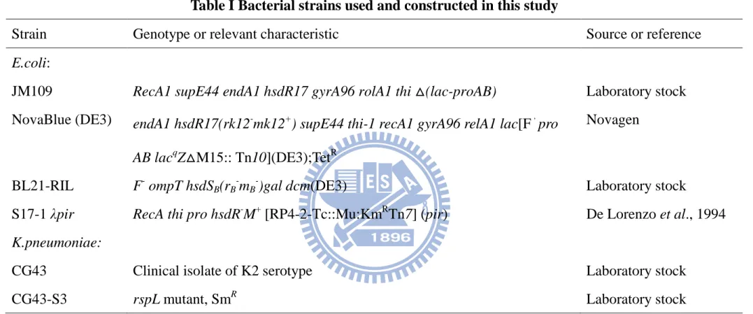 Table I Bacterial strains used and constructed in this study 