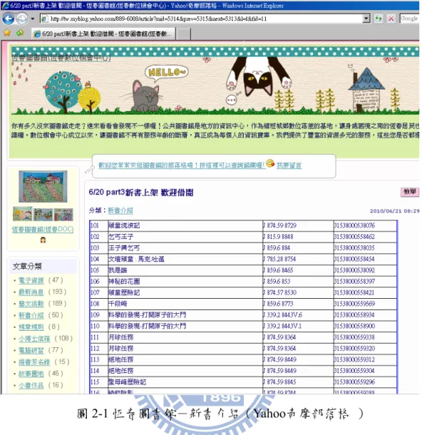 圖 2-1 恆春圖書館－新書介紹（Yahoo奇摩部落格  ）