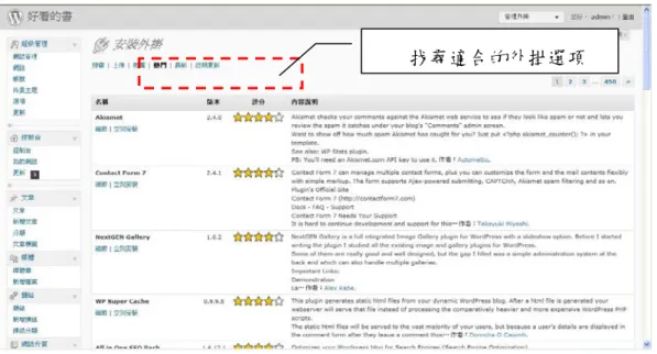 圖 5-4 WordPress 安裝外掛介面，管理者可以用上方的「搜尋、推薦、熱 門、最新、近期更新」連結，找尋適合的外掛程式  5.1.4  WordPress特色 [19] 1