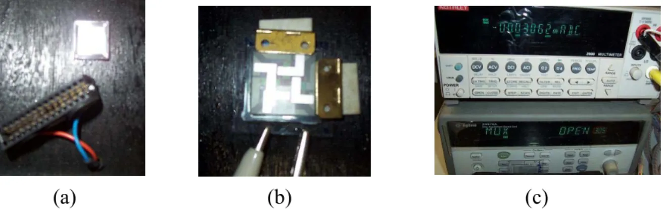 圖 19. (a) Photo diode (b)  元件壽命量測示意 (c) KEITHLEY 供電系統 