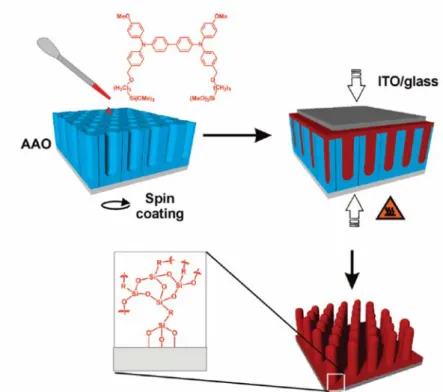 Figure 1-6 Schematic diagram of the template-assisted fabrication of cross-linked  free-standing nanorod arrays