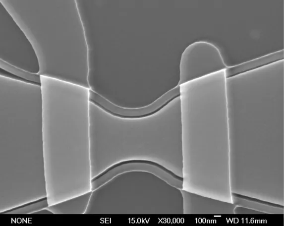 Figure 2.3.    The top view of suspended-NW-channel TFT taken by SEM. 