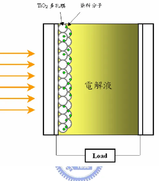 圖 1-1  染料敏化太陽能電池結構示意圖。  石，由於無法合成且在自然界含量有限，所以工業上的應用價值不高。紅金石則 是最穩定的結晶型態，在自然界中為數不多，多為人工製造。銳鈦礦在常溫下是 穩定的，但在高溫下會轉化為紅金石，由於穩定性不如金紅石，在導帶(Ti 3d)中 的軌域重疊比較多，能夠更有效地接受價帶(O 2p)上端所激發出來的電子而擁有 更好的光催化活性，因此一般的染料敏化太陽能電池都是使用銳太礦相的二氧化 鈦。經由半導體的光吸收值(λ g )與能隙寬度(E g )的關係公式           