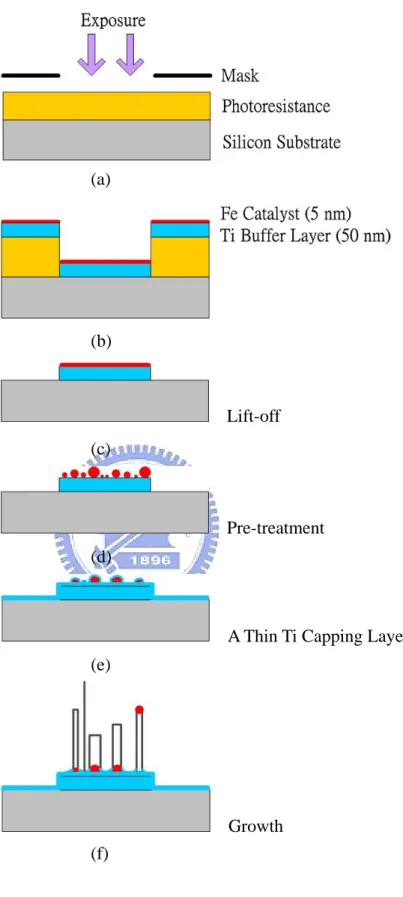 Figure 2-9 Experimental procedures of patterned CNTs synthesized by thermal CVD. 