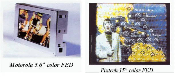 Fig. 1-6    The FED products based on Spindt type field emitters, (a) motorola 5.6” color  FED, (b) Pixtech 15” color FED, (c) Futaba 7” color FED and (d)  Sony/Candescent 13.1” color FED 