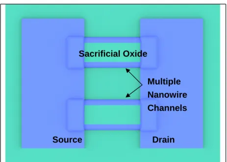 Fig. 2-2(c) The corresponding process step of one sacrificial strip with twin spacer  nanowire before HF etching in top view